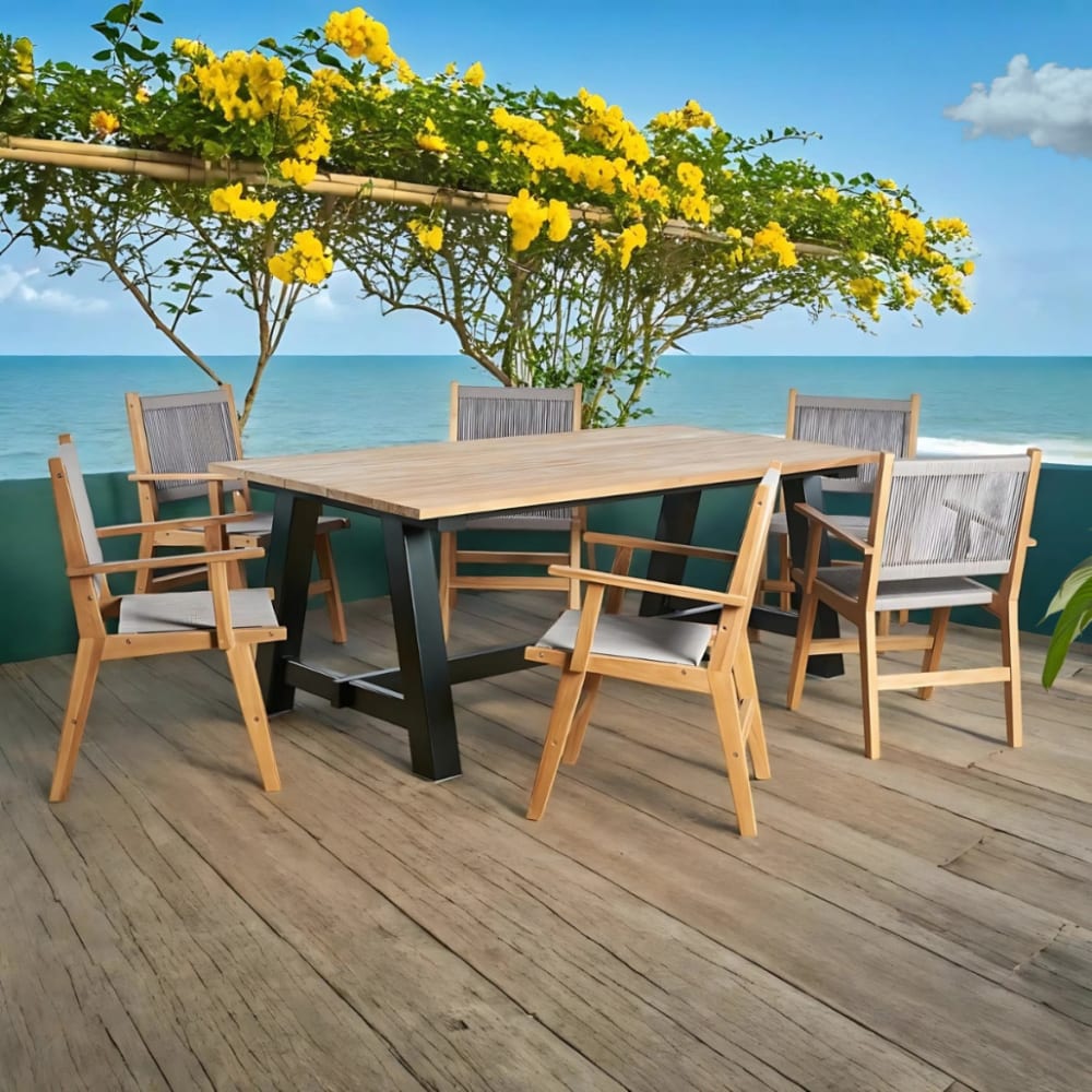 Wanda Collection Ensemble table de jardin en teck et 6 fauteuils gris style classique chic - Bois