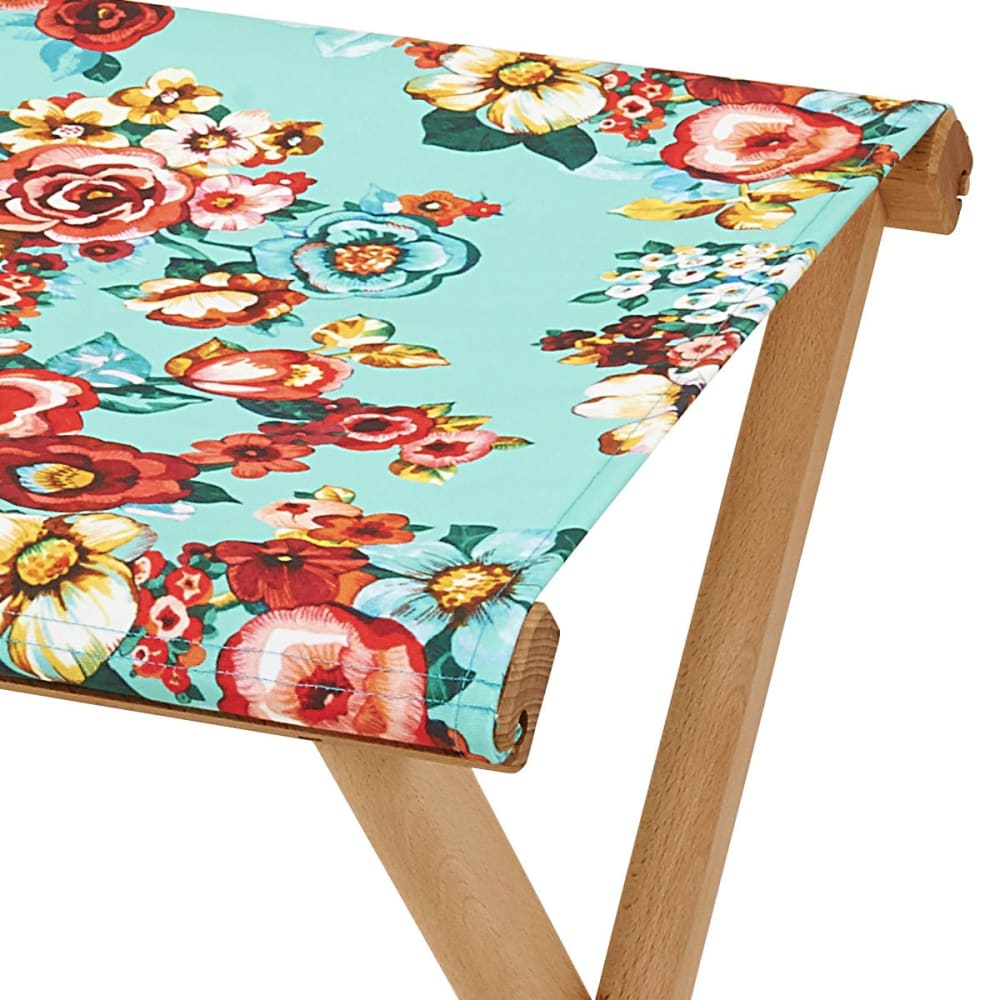 Pliant pêcheur en eucalyptus, toile outdoor, motif fleuri turquoise - Maisons du Monde
