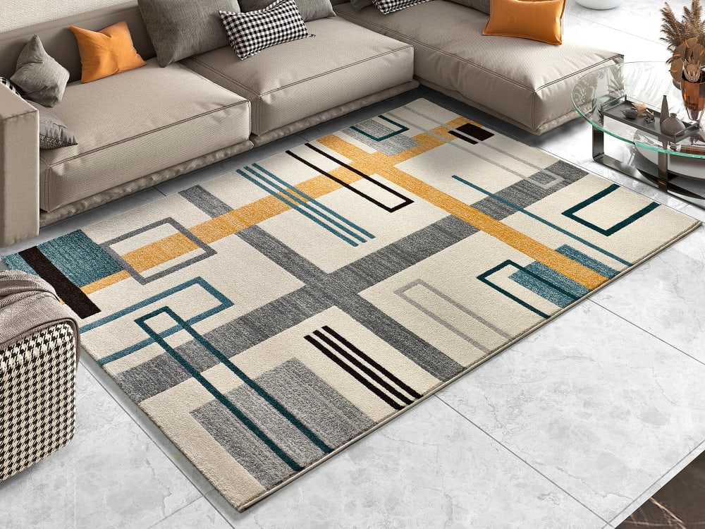 Tapis géométrique en gris avec des tons moutarde et bleu, 160X230 cm — vue 3