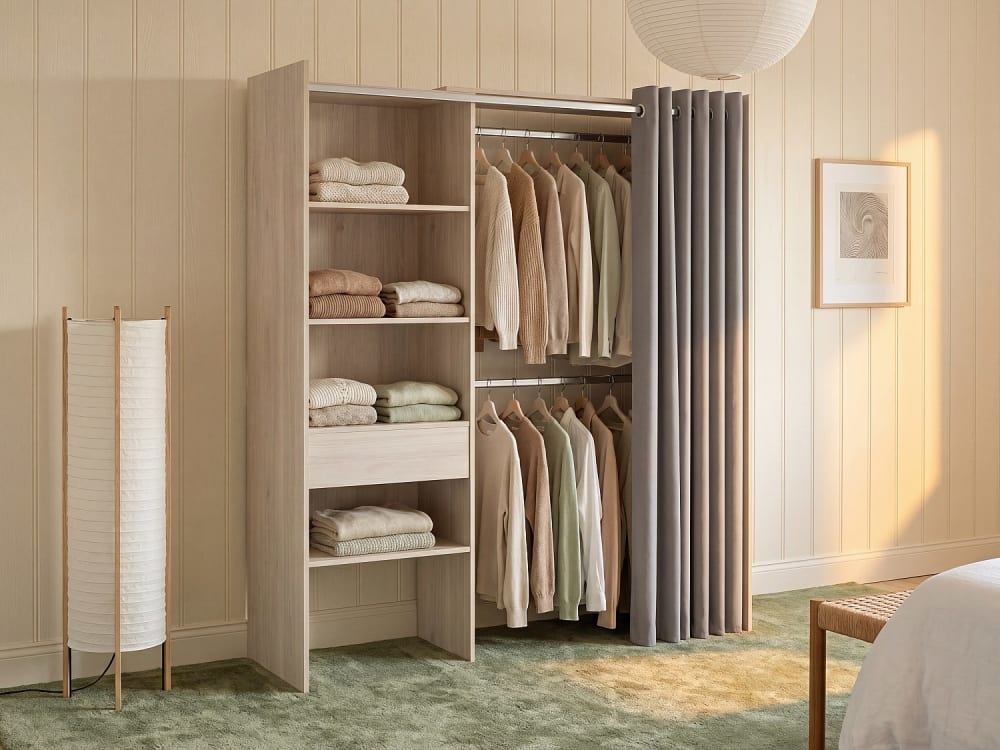 Vestidor con 1 cajón y cortina 160-110 cm - roble