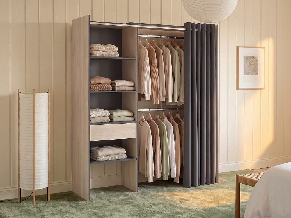 Vestidor con 1 cajón y cortina 160-110 cm natural y grafito