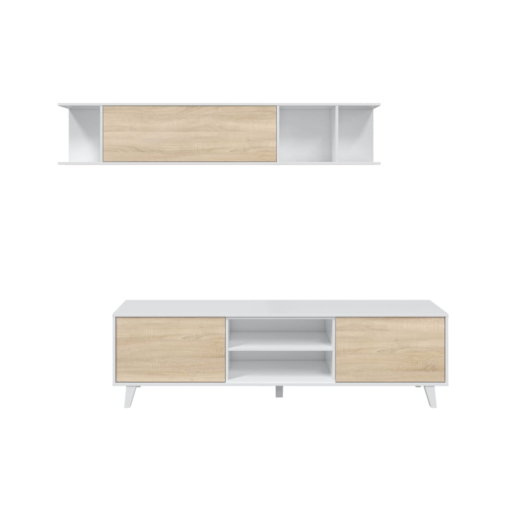 Meuble TV 2 portes, 2 niches et étagère murale L180cm - Blanc / Bois