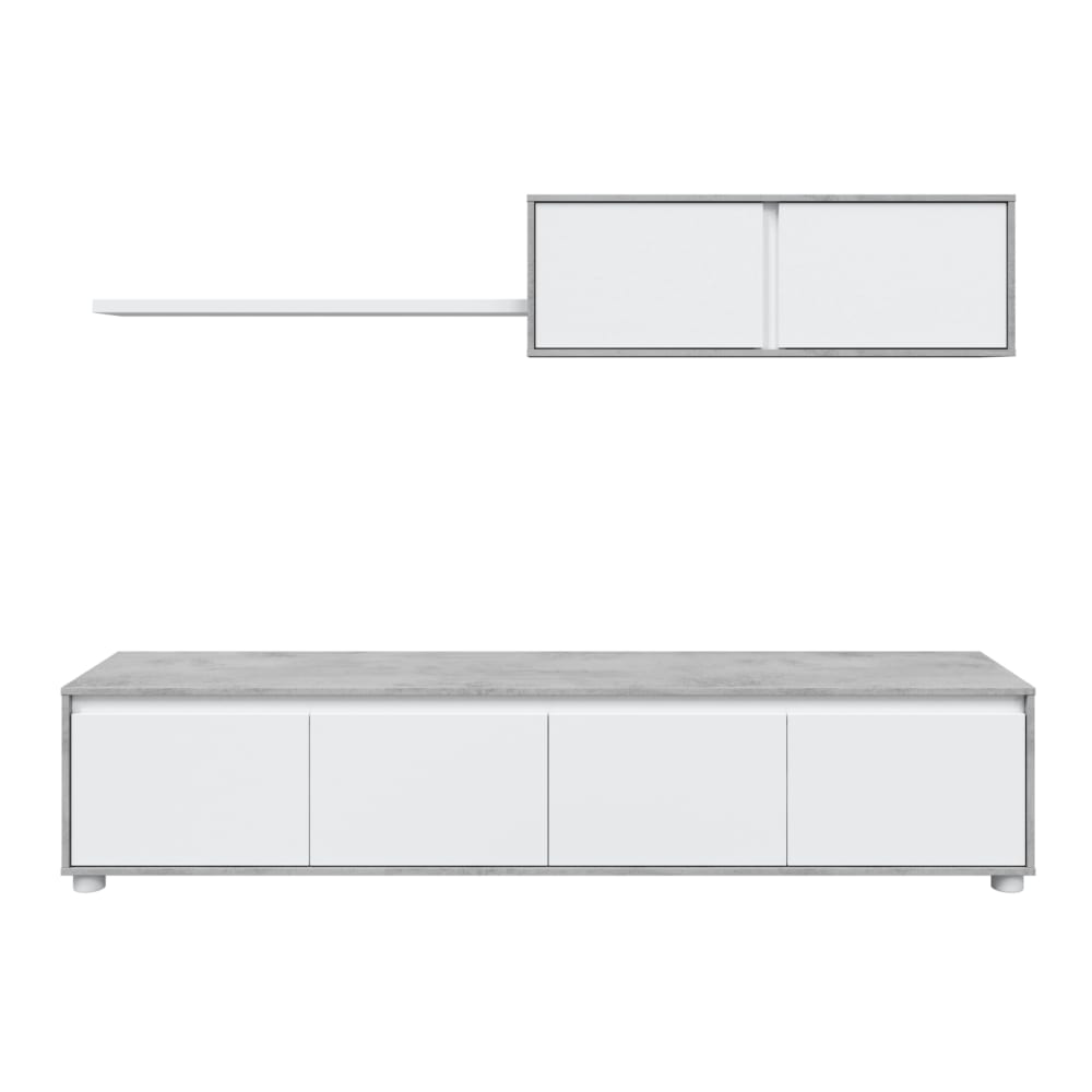 Meuble TV 4 portes avec étagère murale 2 portes L200cm - Blanc / Béton