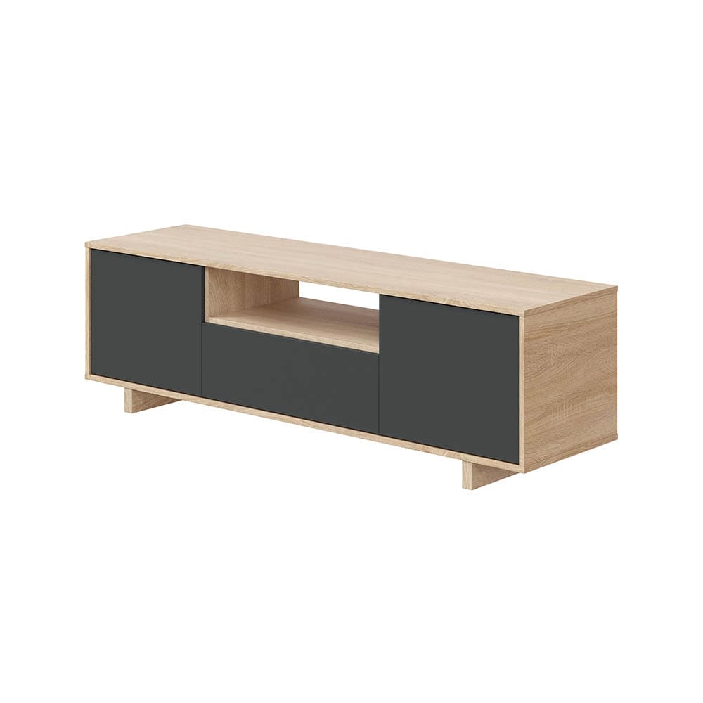 Meuble TV 3 portes + 1 niche de rangement - Effet Chêne et Gris