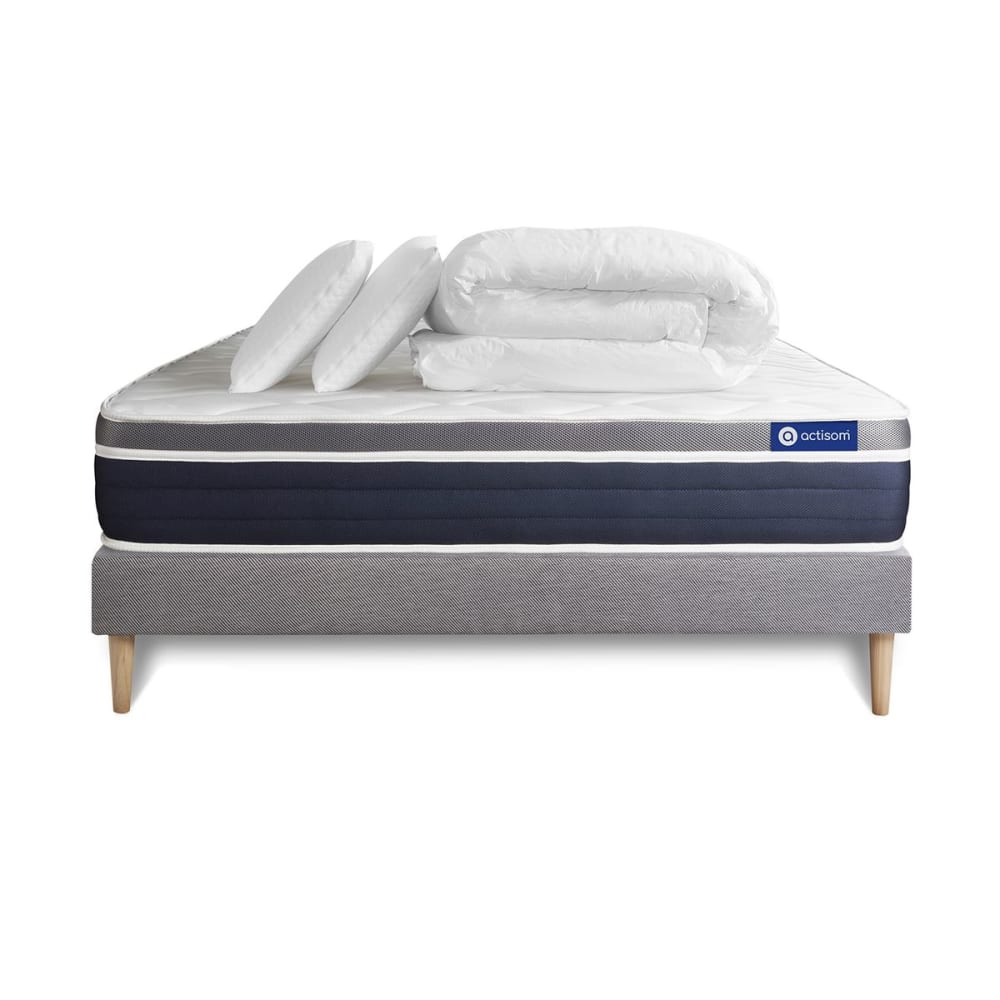 Pack sommier kit matelas Hybride 200x200 Gris Oreiller couette