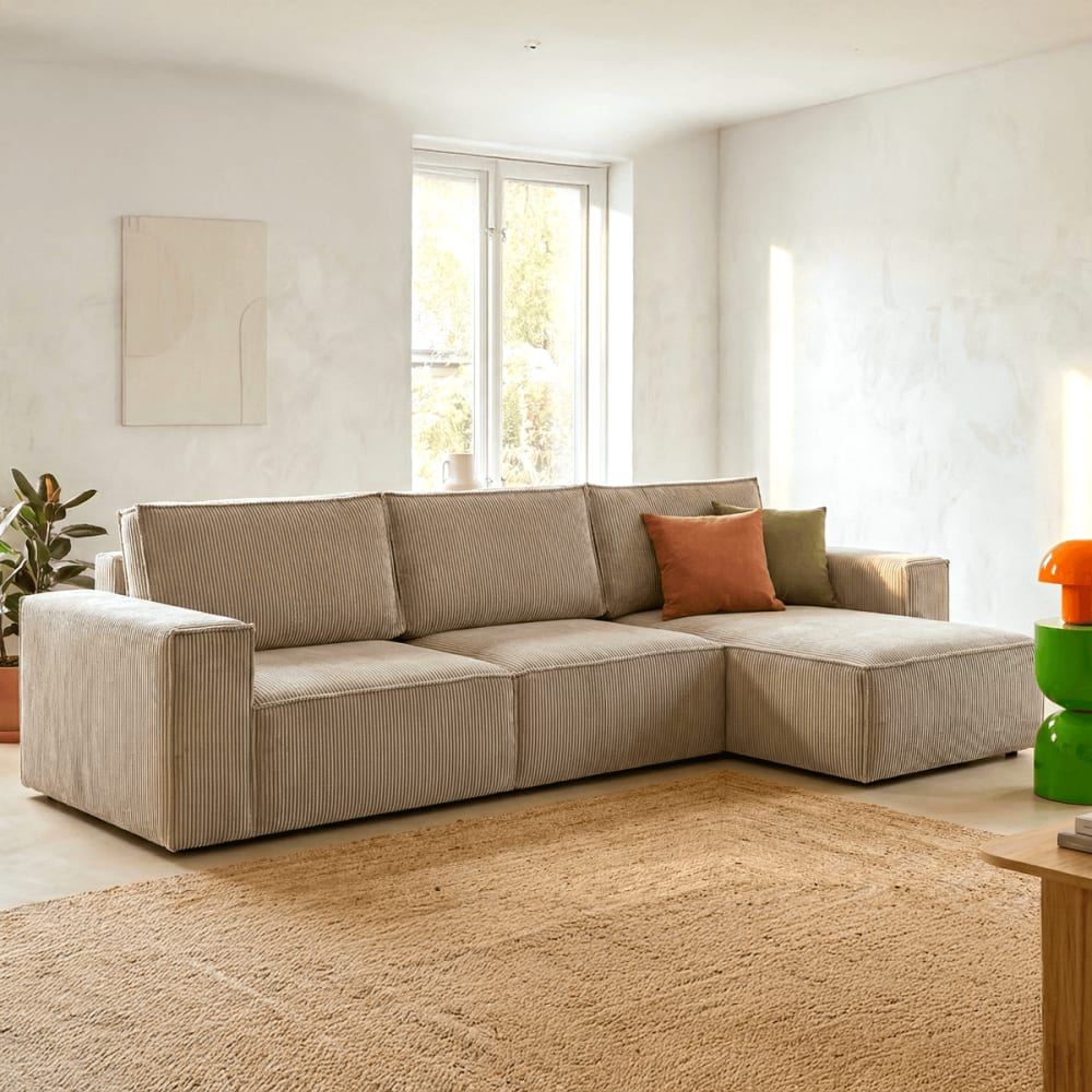 Canapé d'angle 5 places convertible + coffre, velours côtelé taupe - Maisons du Monde