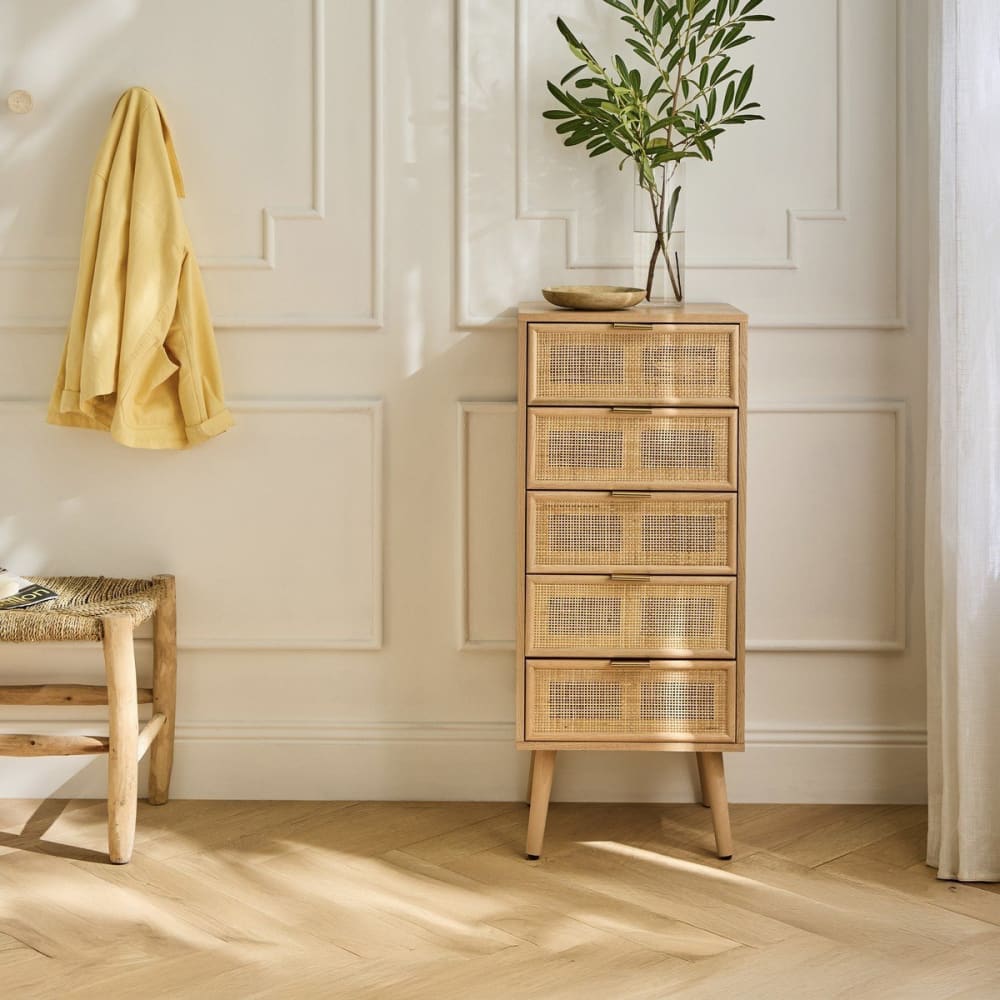 Chiffonnier 5 tiroirs façades en rotin naturel - H100 cm