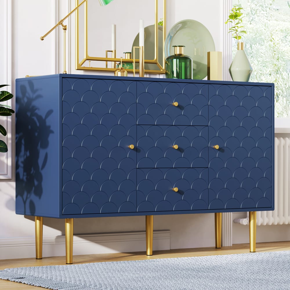 Meuble de Salle de Bain Bleu Marine avec Motif Écailles et Pieds Dorés