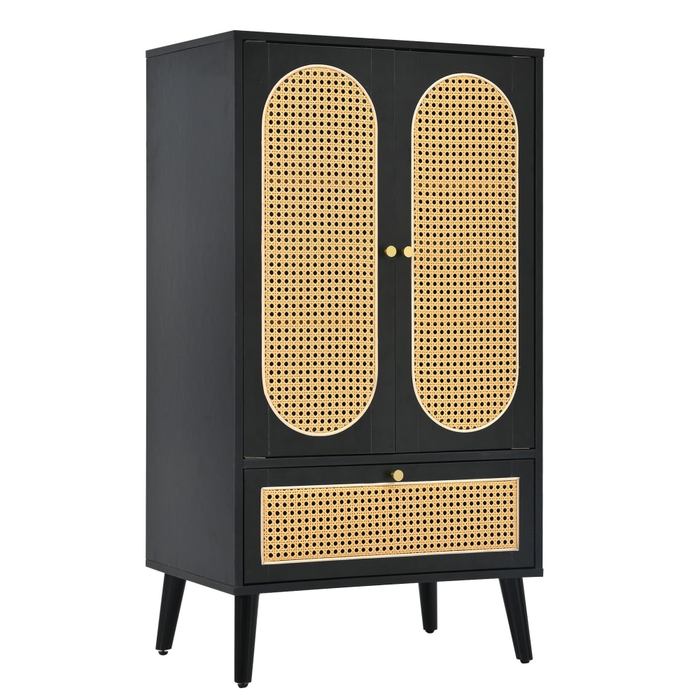 Armoire en bois noir avec portes en cannage et tiroir