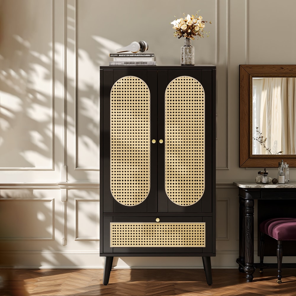 Armoire en bois noir avec portes en cannage et tiroir
