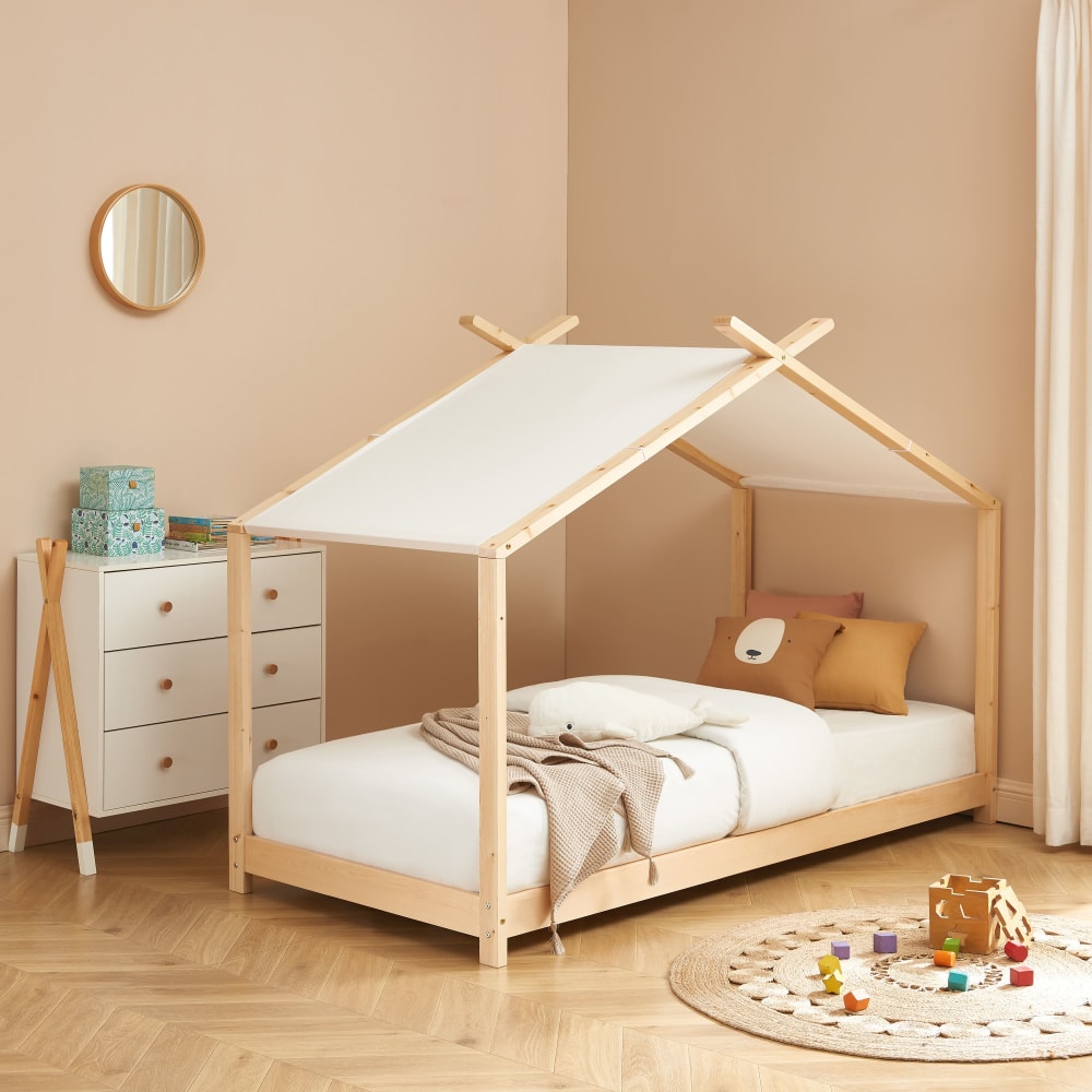 Lit tente  pin massif sommier inclus 90x190 bois clair (Baita) - Image 1