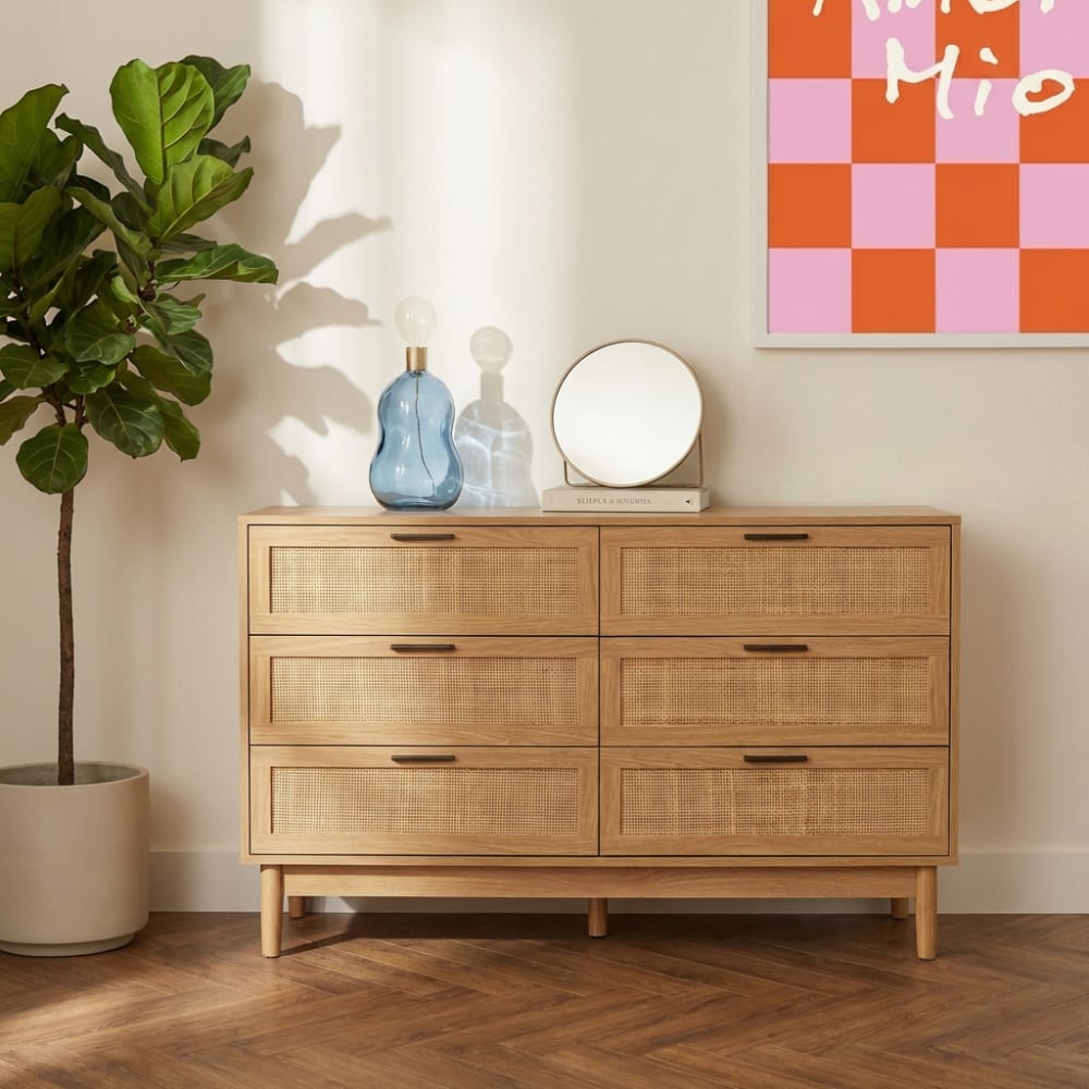 Commode  effet chêne et cannage rotin 6 tiroirs