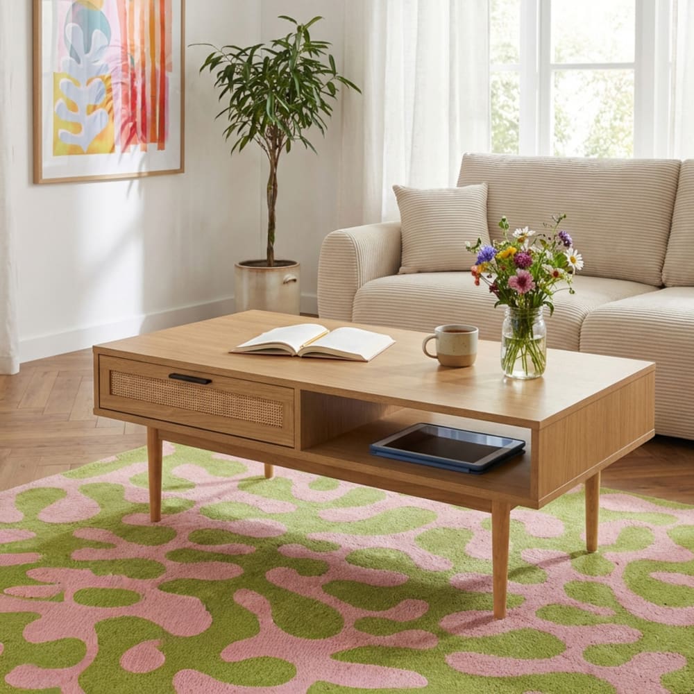 Table basse  effet chêne et cannage rotin 115cm