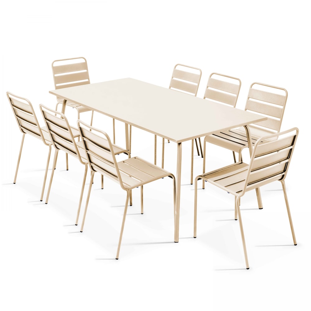 Ensemble table de jardin et 8 chaises en métal ivoire