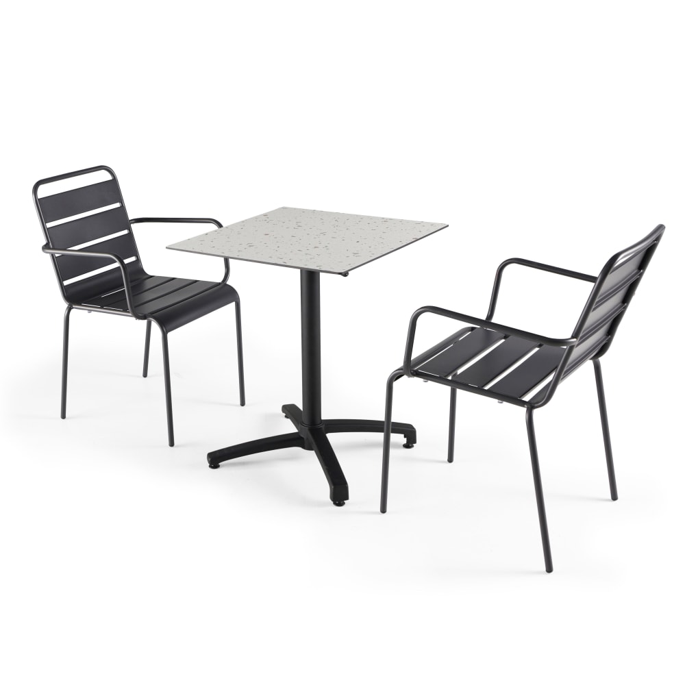 Ensemble table de jardin stratifié terrazzo et 2 fauteuils gris