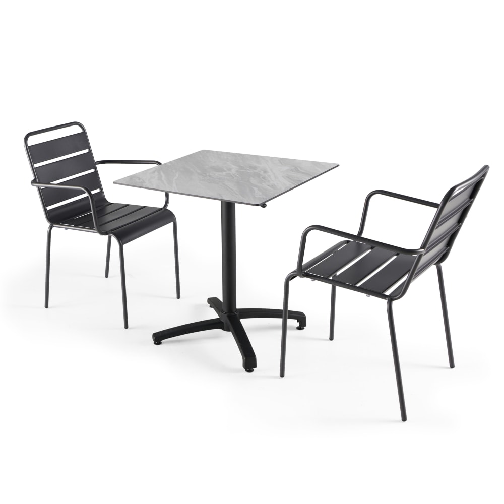 Ensemble table de jardin stratifié marbre et 2 fauteuils gris