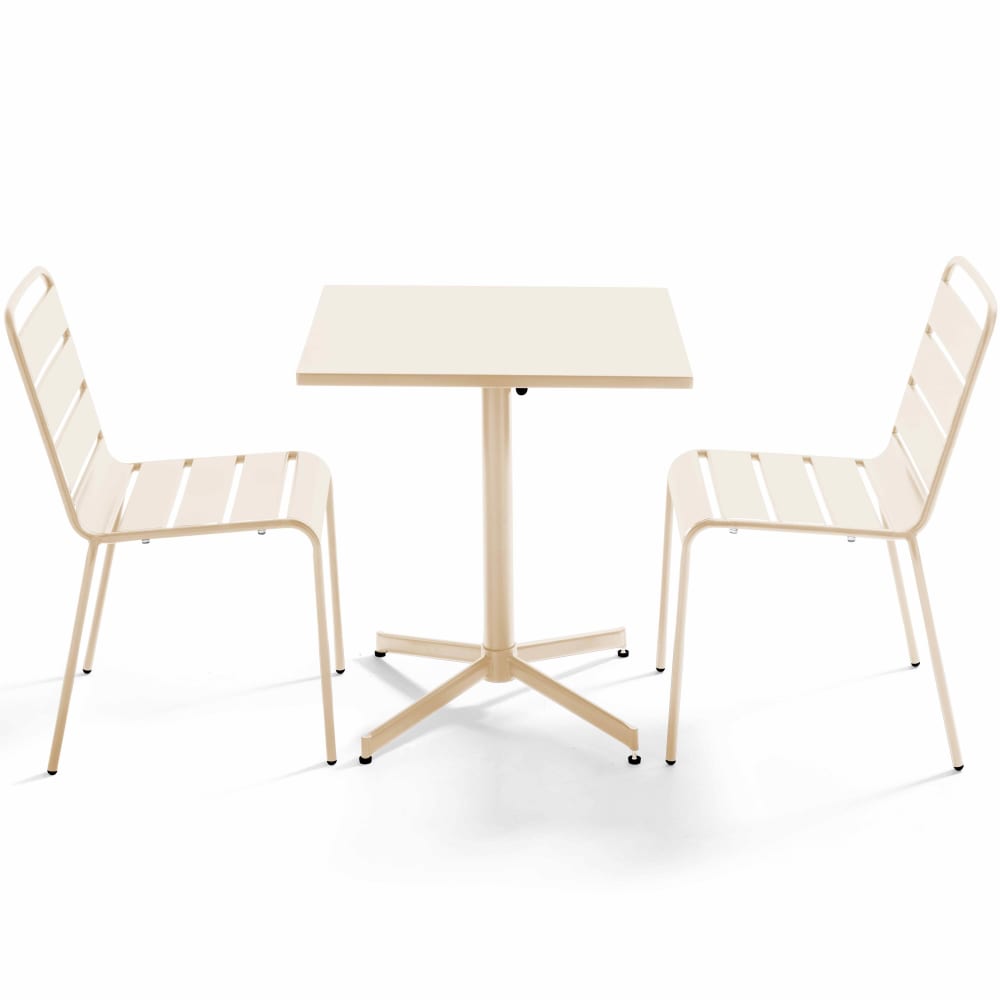 OVIALA Table de jardin carr&eacute;e inclinable et 2 chaises m&eacute;tal ivoire