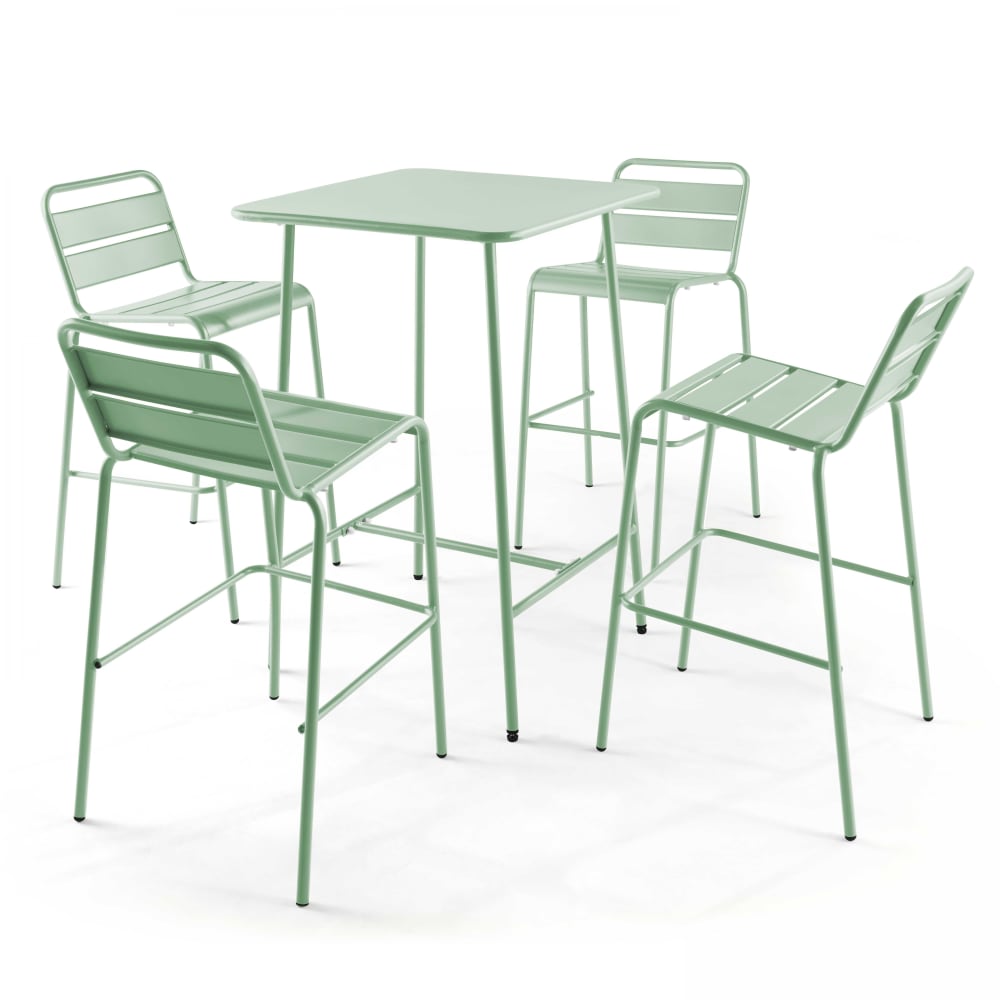 Ensemble table de bar et 4 chaises hautes en métal vert sauge