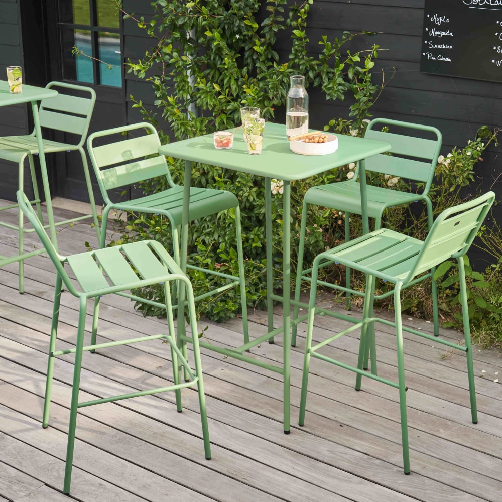 Ensemble table de bar et 4 chaises hautes en métal vert sauge