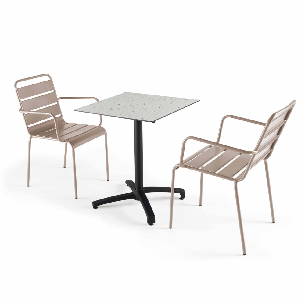 Ensemble table de jardin stratifié terrazzo et 2 fauteuils taupe