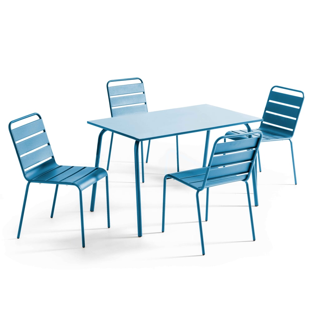 Ensemble table de jardin en métal et 4 chaises bleu pacific