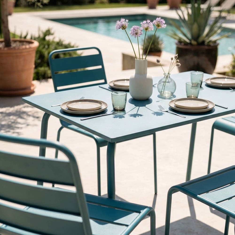 Ensemble table de jardin en métal et 4 chaises bleu pacific - Maisons du Monde