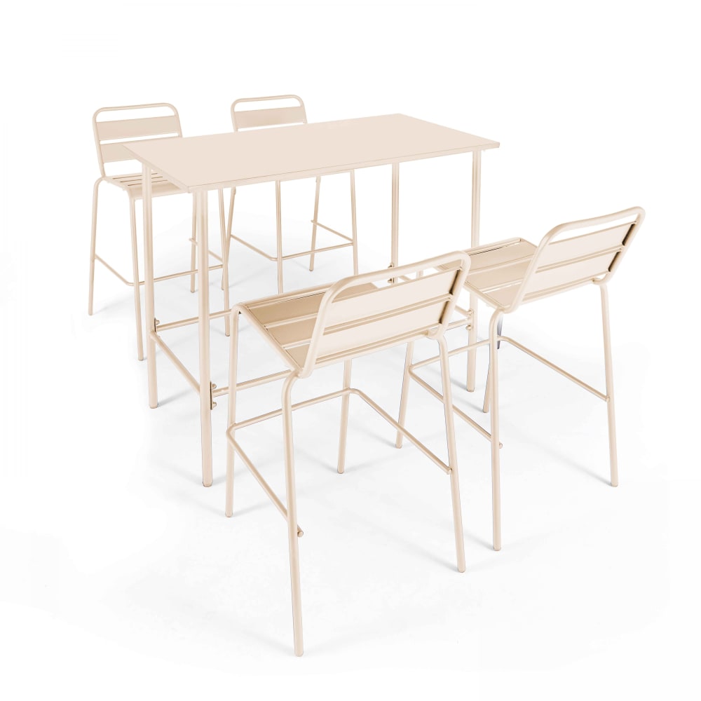 Ensemble table haute et 4 chaises de bar en métal ivoire