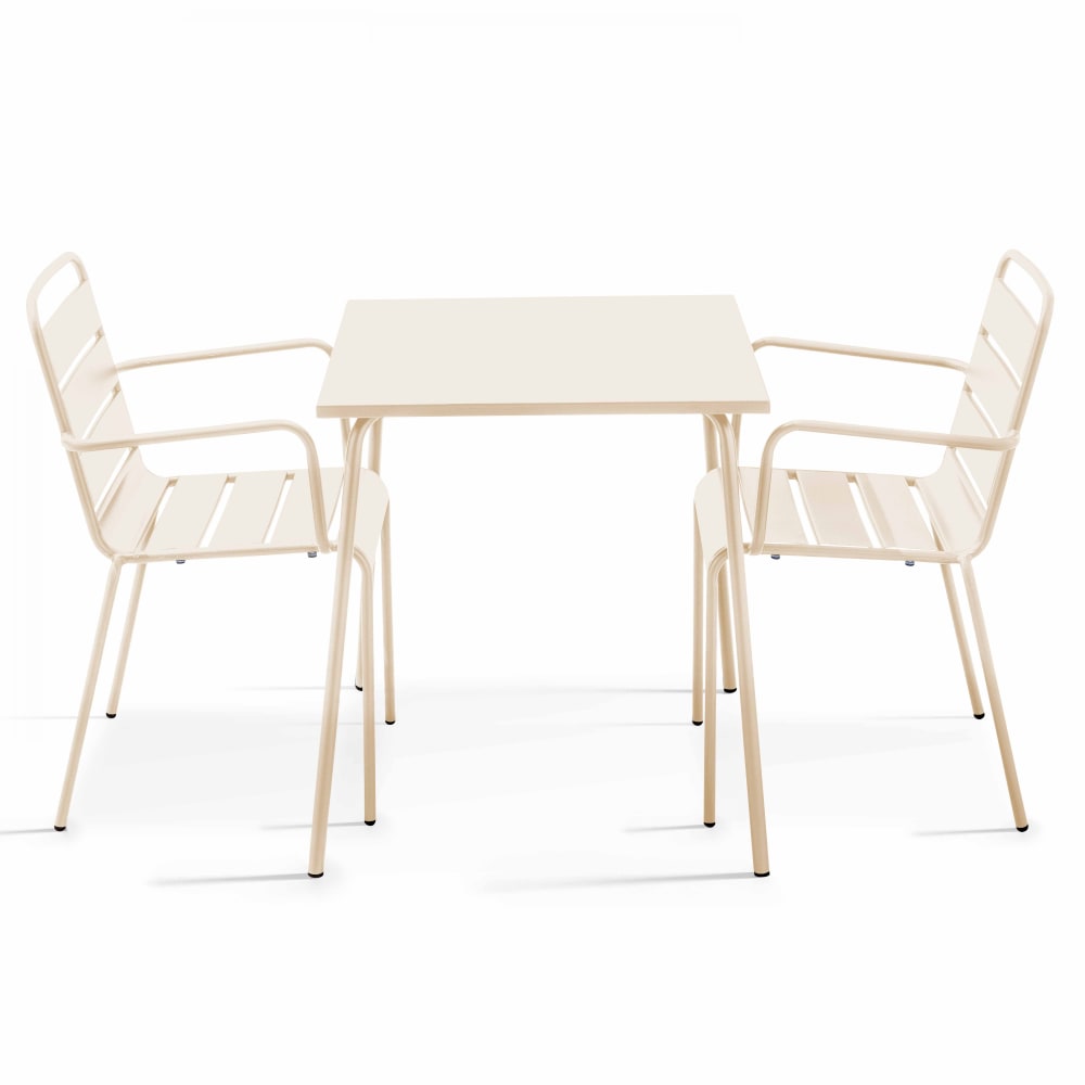 OVIALA Palavas - ensemble table de jardin carr&eacute;e et 2 fauteuils acier ivoire