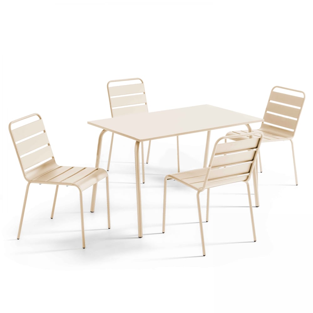 Oviala Ensemble table de jardin en métal et 4 chaises ivoire style industriel Beige