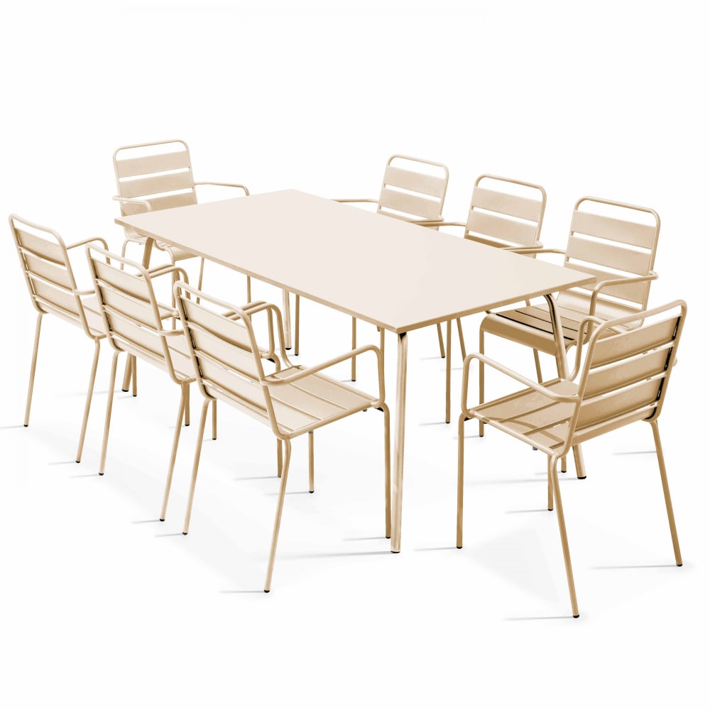 Ensemble table de jardin et 8 fauteuils en métal ivoire