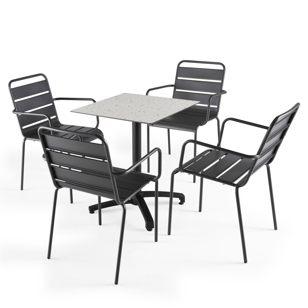 Ensemble table de terrasse stratifié terrazzo et 4 fauteuils gris