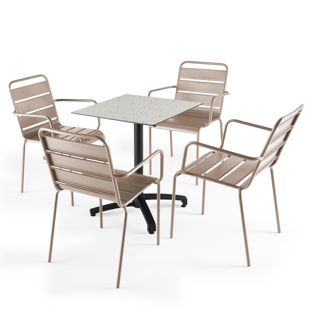 Ensemble table de terrasse stratifié terrazzo et 4 fauteuils taupe
