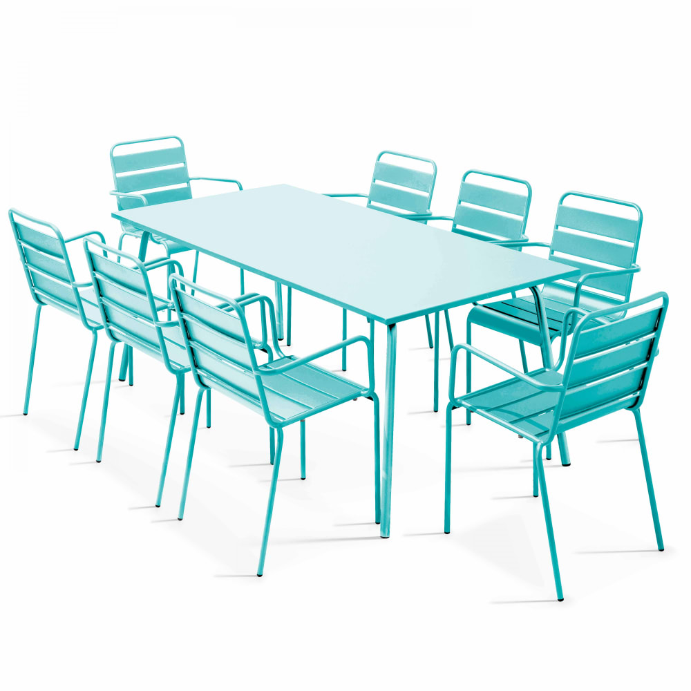 Ensemble table de jardin et 8 fauteuils en métal turquoise