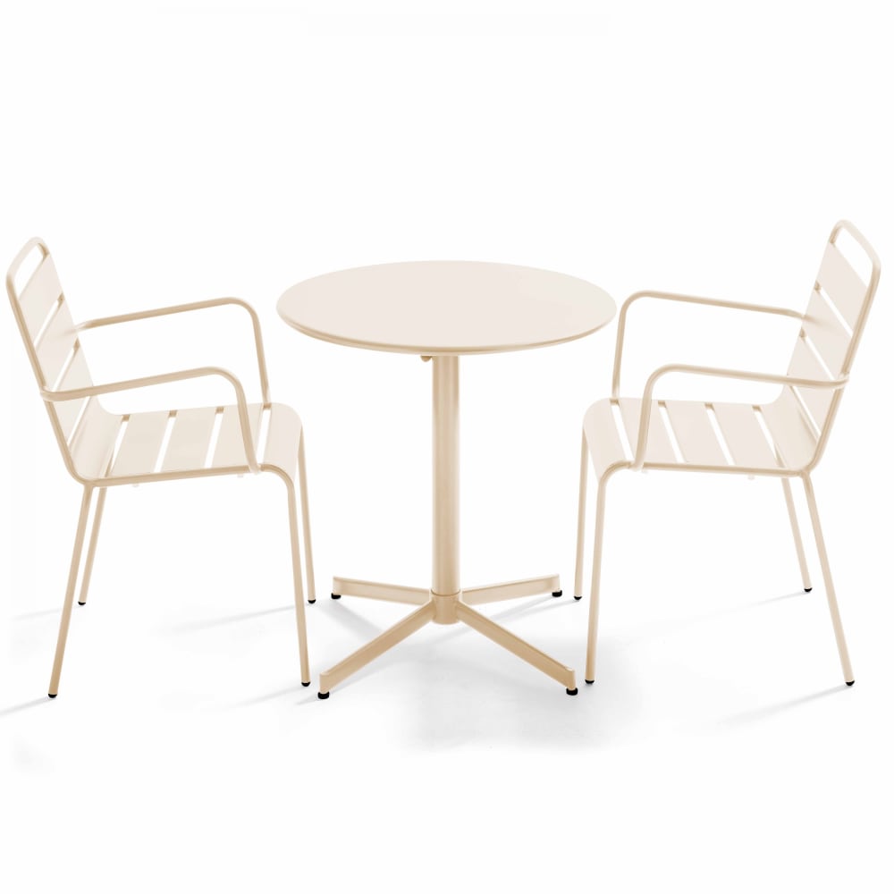 Ensemble table de jardin et 2 fauteuils métal ivoire