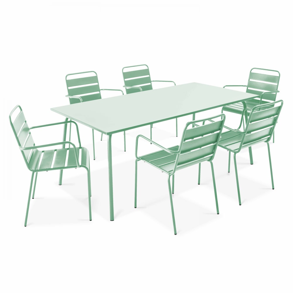 OVIALA Palavas - ensemble table de jardin et 6 fauteuils en m&eacute;tal vert sauge