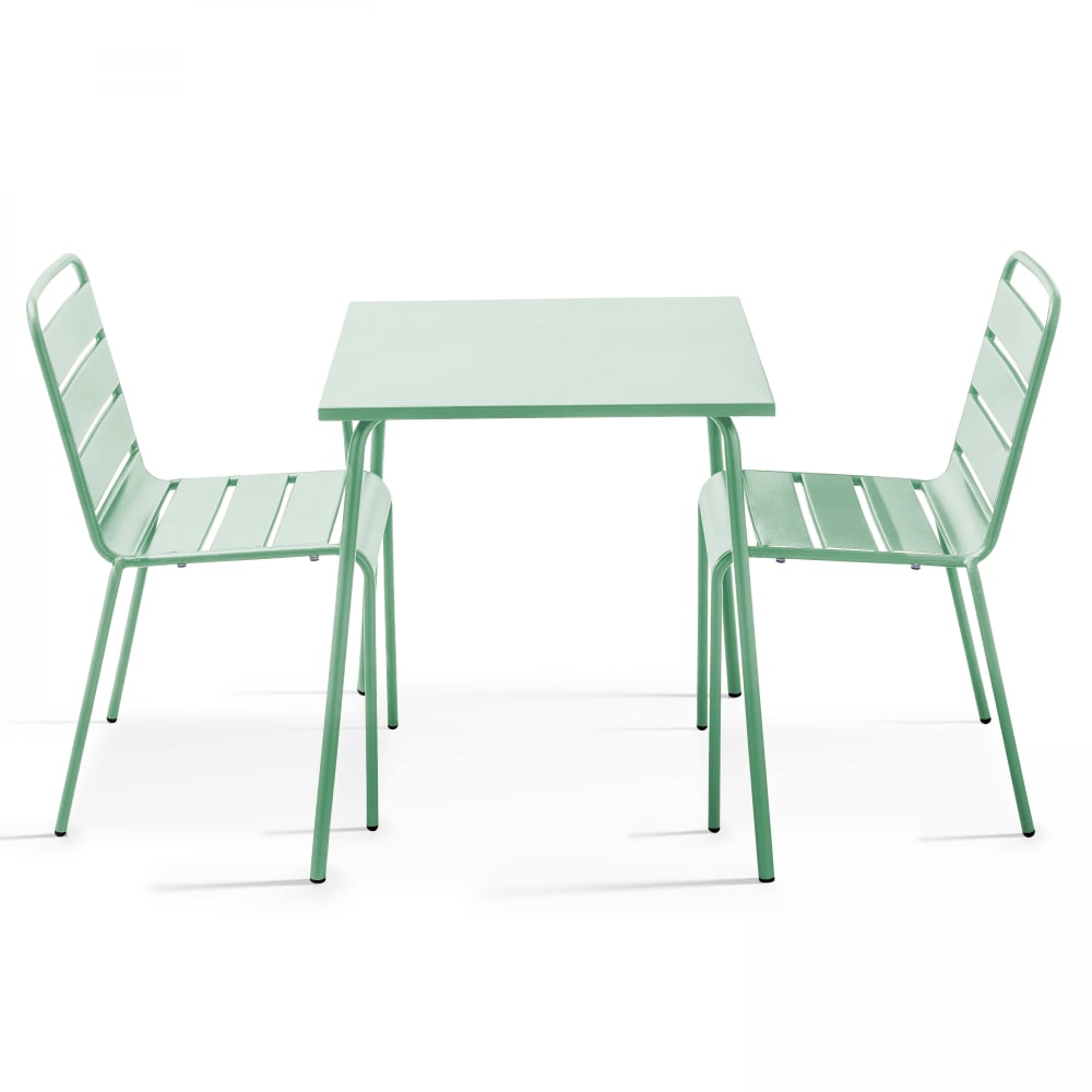 OVIALA Ensemble table de jardin carr&eacute;e et 2 chaises acier vert sauge