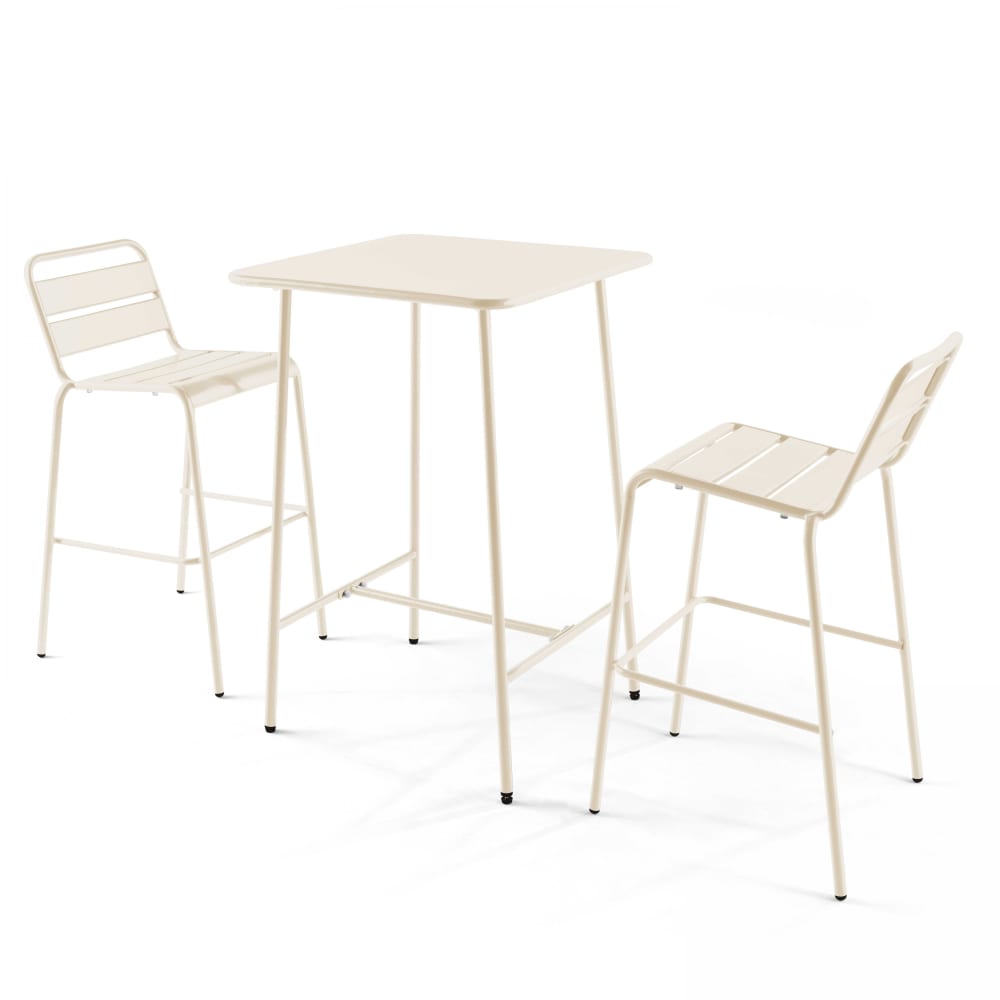 Ensemble table de bar et 2 chaises hautes en métal ivoire