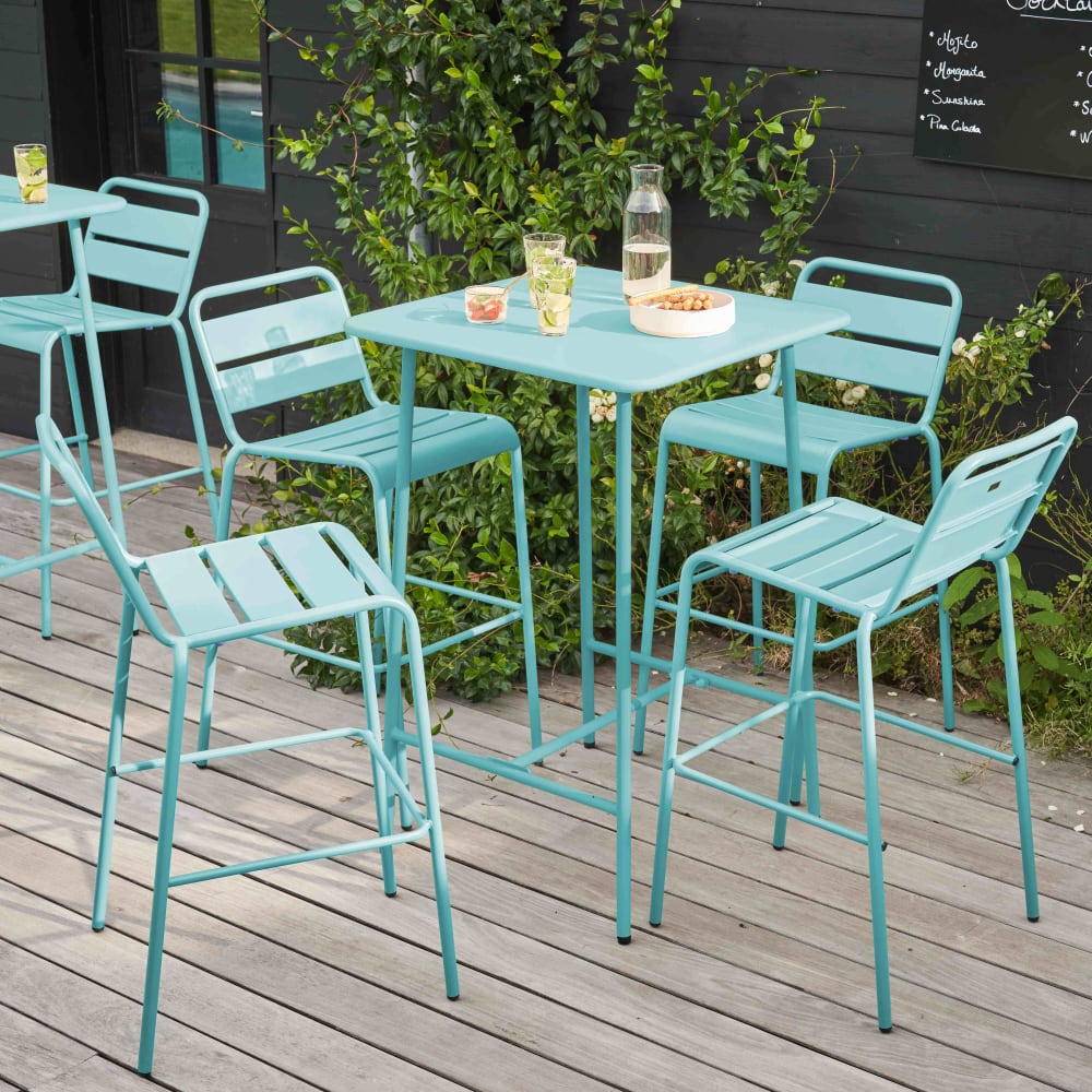 Ensemble table de bar et 4 chaises hautes en métal turquoise