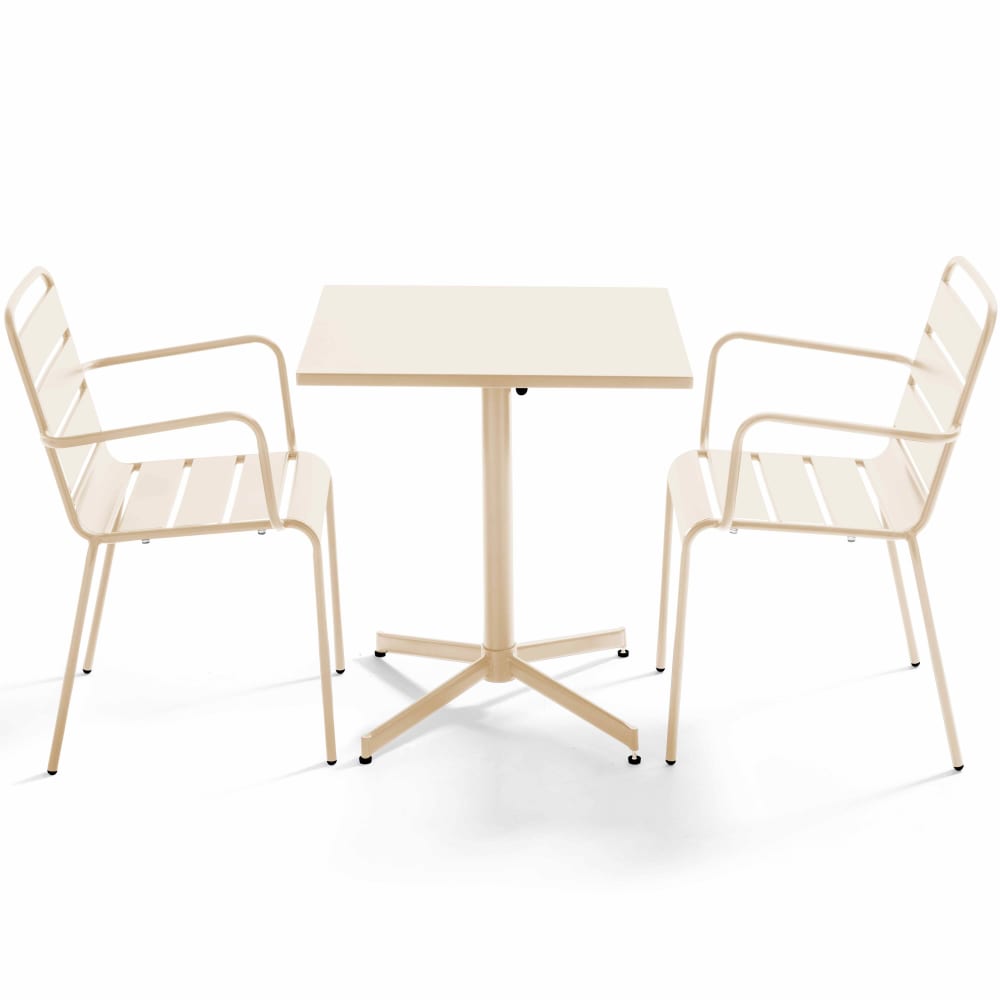 OVIALA Ensemble table de jardin carr&eacute;e et 2 fauteuils m&eacute;tal ivoire