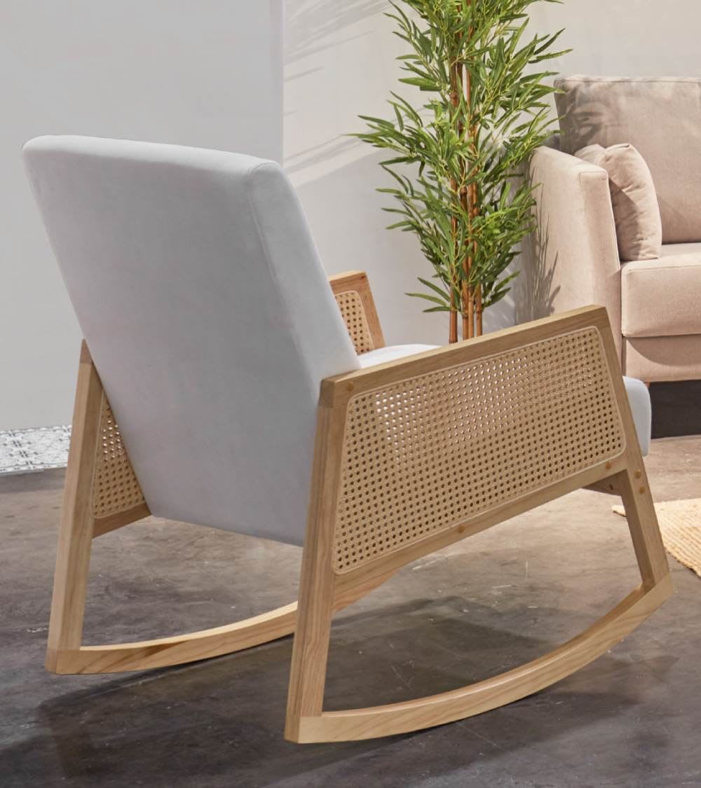 Butaca mecedora madera y ratán tapizado tela antimanchas crema - Maisons du Monde