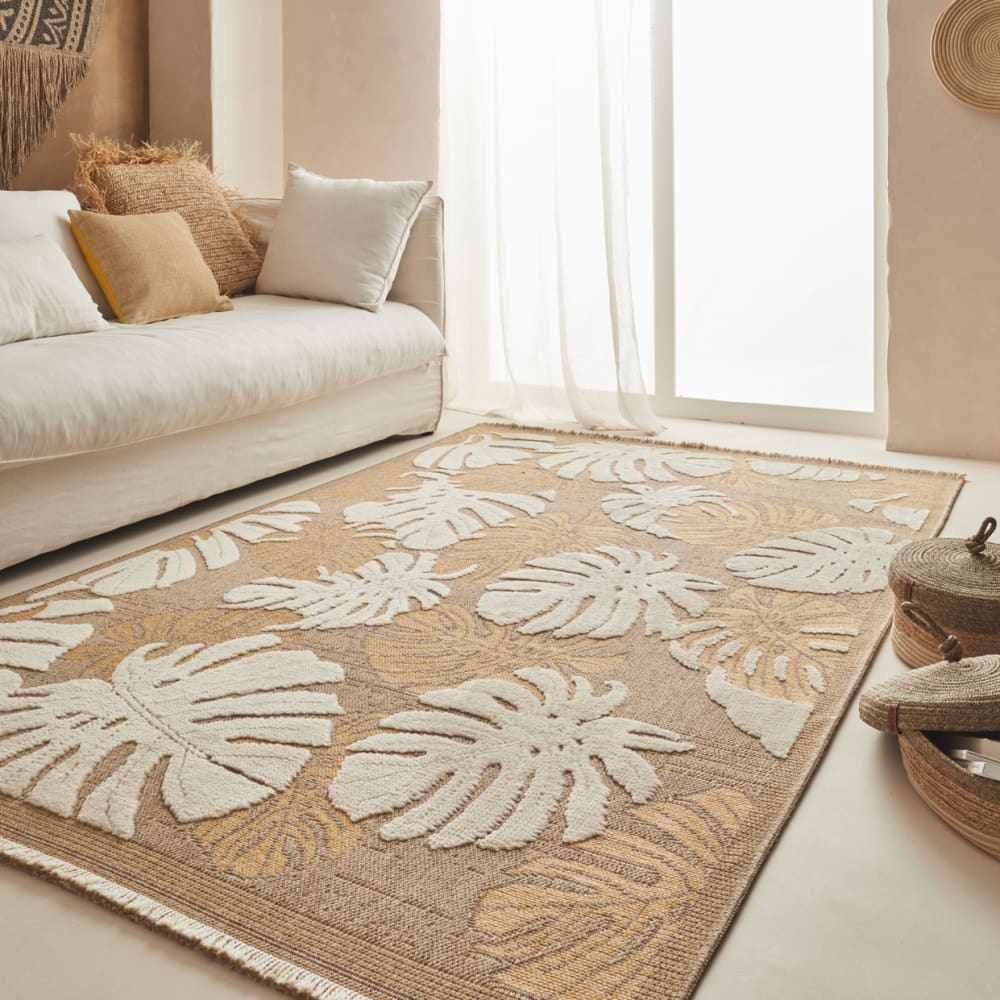 Tapis intérieur et extérieur aspect jute feuille jaune - 160x230 — vue 3