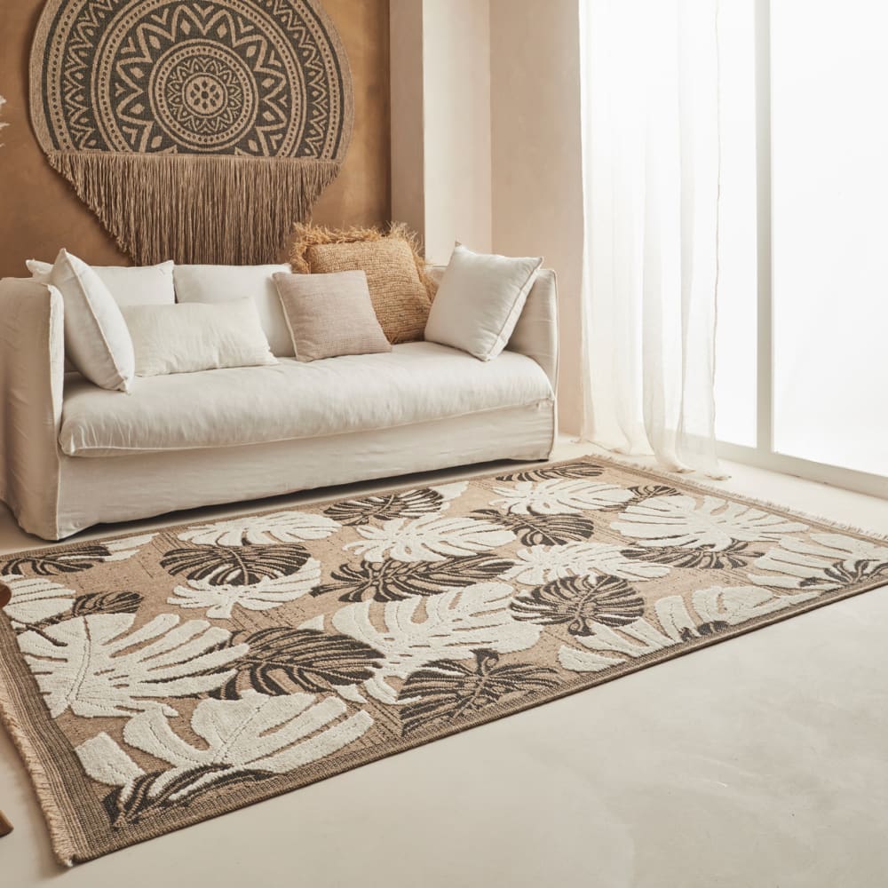 Tapis intérieur et extérieur aspect jute feuille noir - 120x170 — vue 3