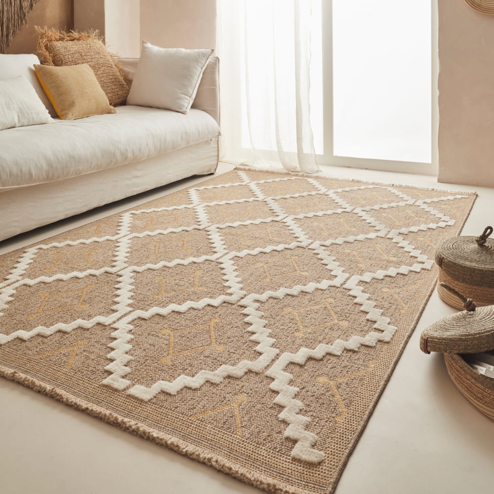 Tapis intérieur et extérieur aspect jute géométrique jaune - 60x90 — vue 3