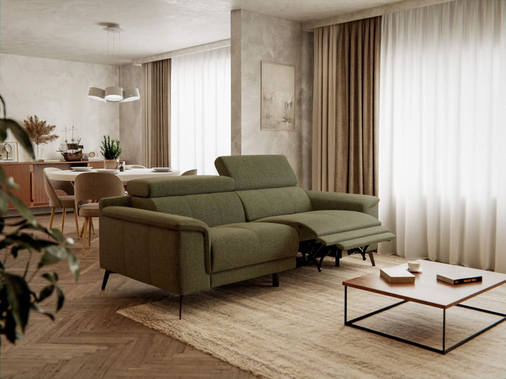 Canapé 3 places avec 1 fonction relax et appuie-tête réglables, vert