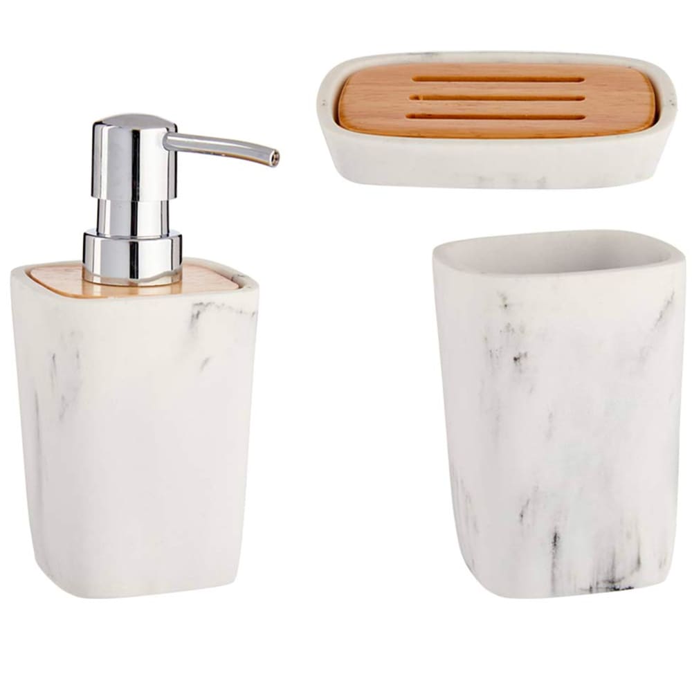 Wadiga Set salle de bain plastique effet marbre blanc et bambou - 3 pièces - Pvc - Poly Chlorure De Vinyle