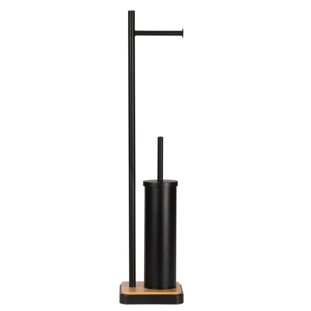 WADIGA Dérouleur de papier toilette sur pied en métal noir et bois + brosse WC.Dimensions: 20x20x74cmCouleur: Noir et boisMatière: Métal et bois