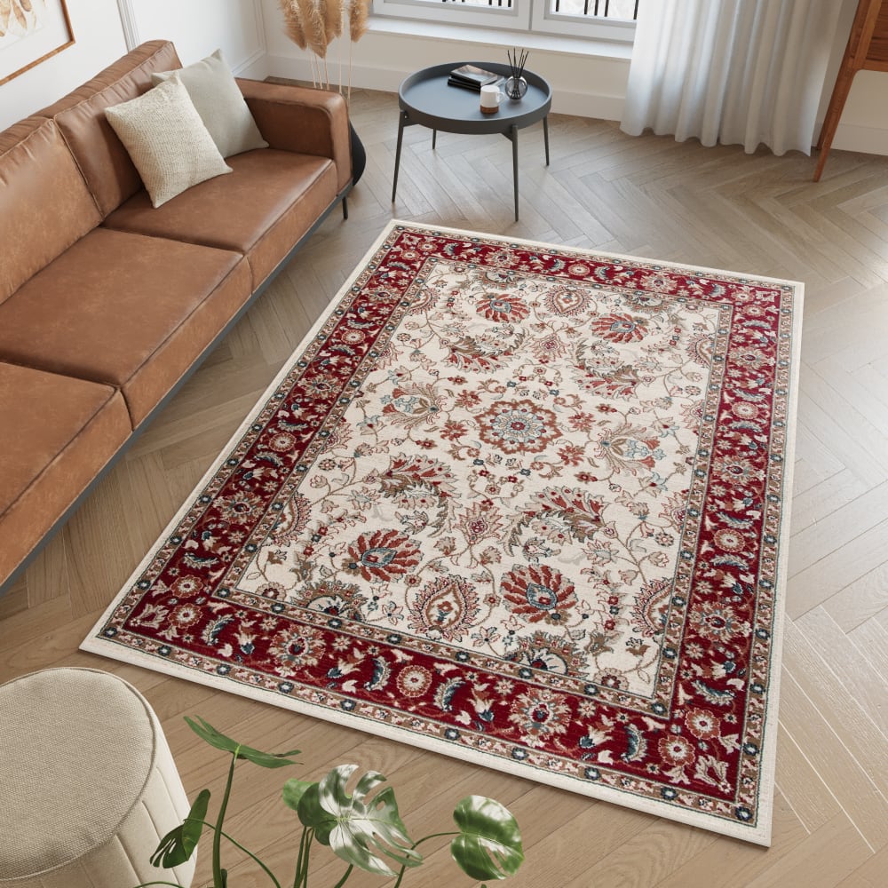 Alfombra de salón clásica crema rojo marrón gris flores 120x170 - Maisons du Monde