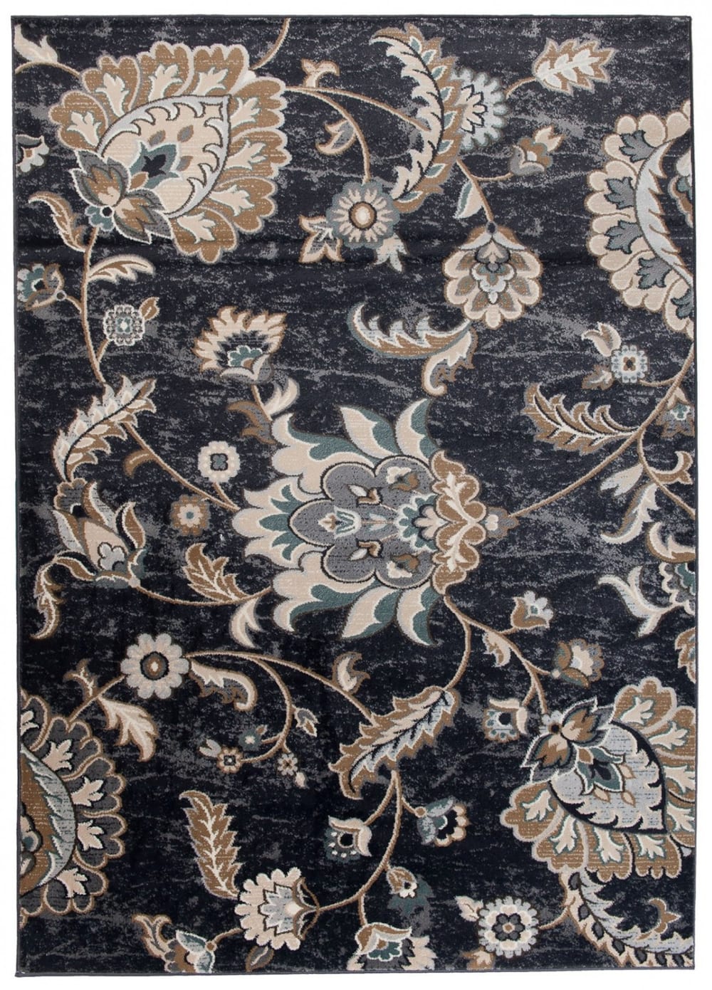 Alfombra de salón negro beige marrón azul flores 250x350