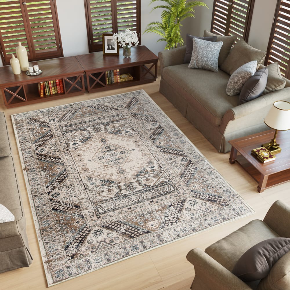 Alfombra de salón oriental crema beige marrón gris 140x200 - Maisons du Monde