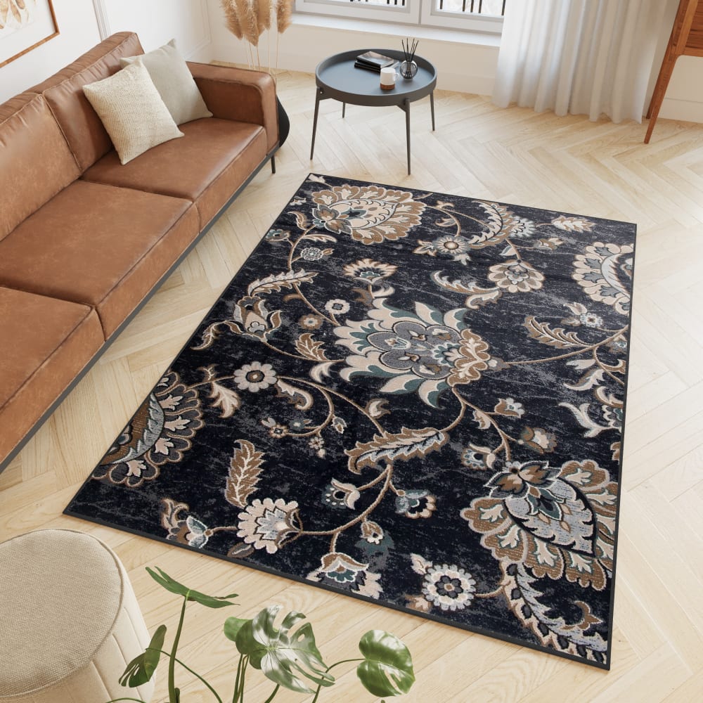 Alfombra de salón negro beige marrón azul flores 200x300 - Maisons du Monde